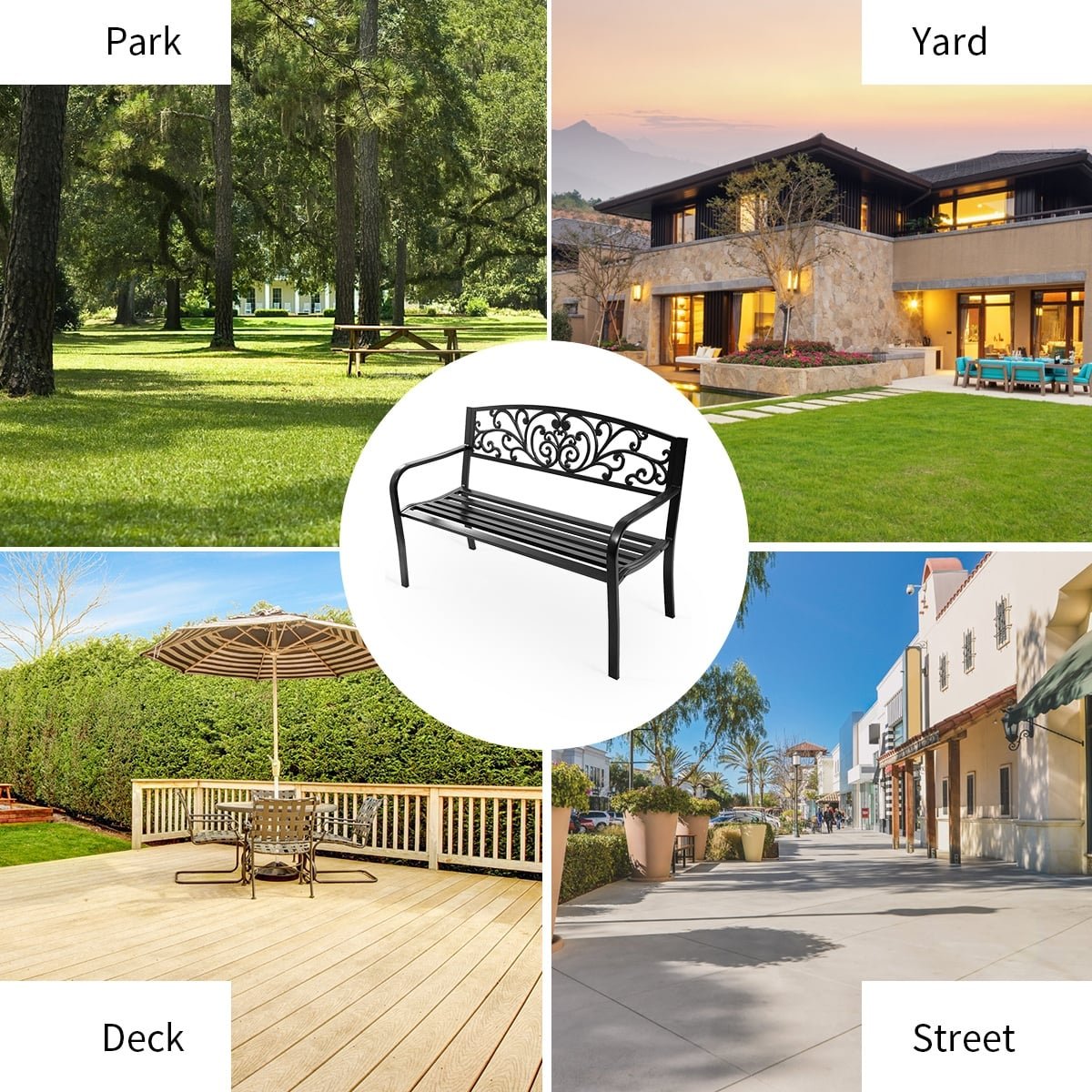 50 Inch Patio Park Steel Frame Cast Iron Backrest Bench Porch Chair view 3