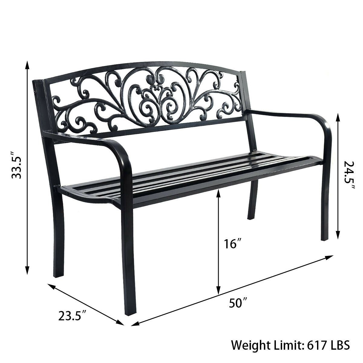 50 Inch Patio Park Steel Frame Cast Iron Backrest Bench Porch Chair view 4