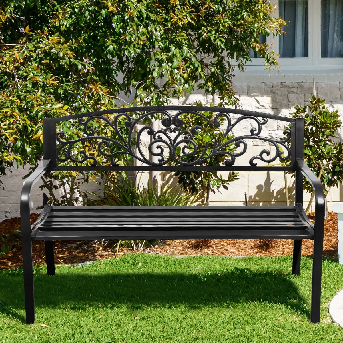 50 Inch Patio Park Steel Frame Cast Iron Backrest Bench Porch Chair view 7