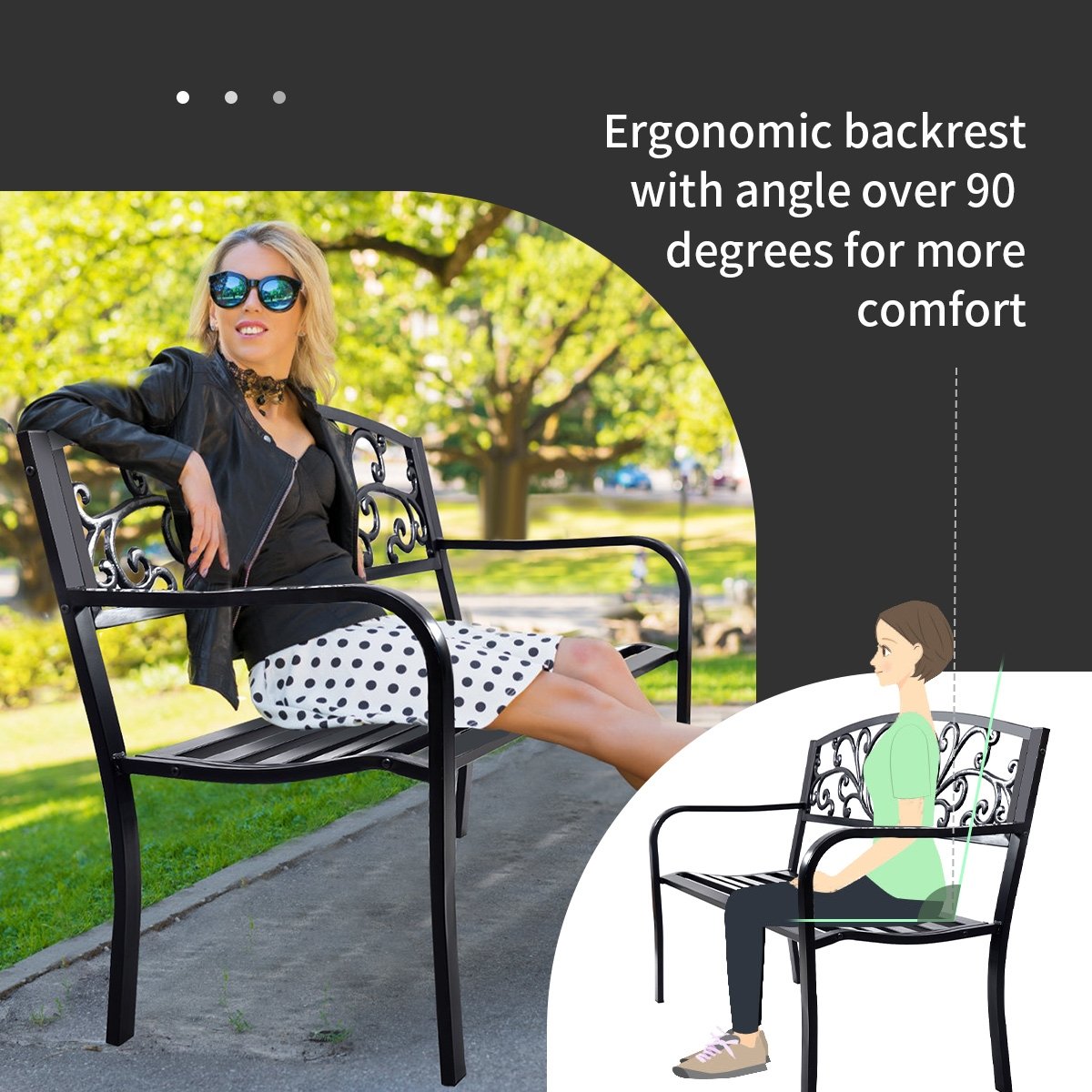 50 Inch Patio Park Steel Frame Cast Iron Backrest Bench Porch Chair view 9