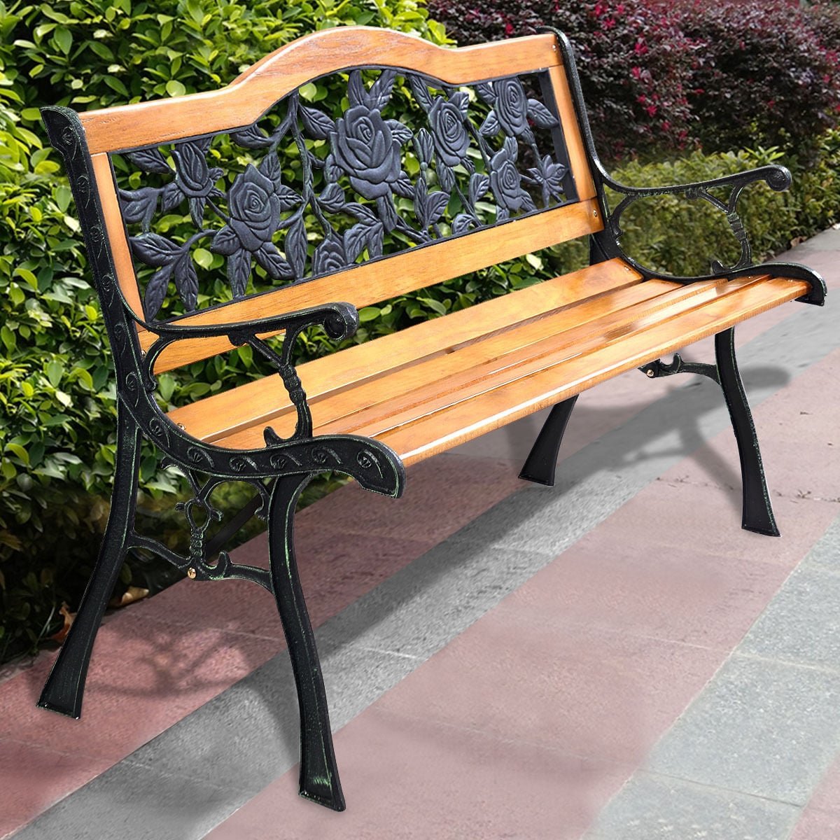 Outdoor Cast Iron Patio Bench Rose view 2