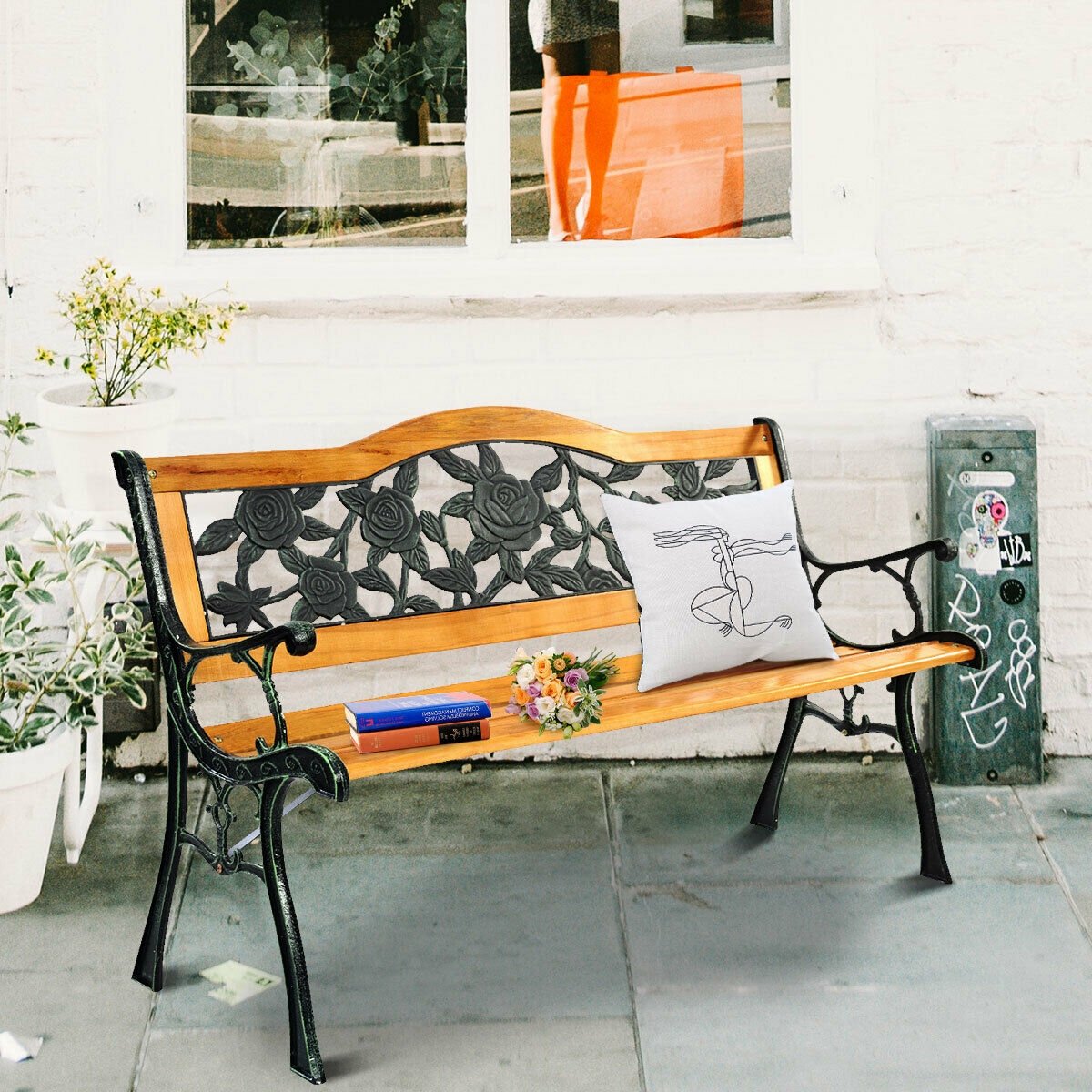 Outdoor Cast Iron Patio Bench Rose view 3