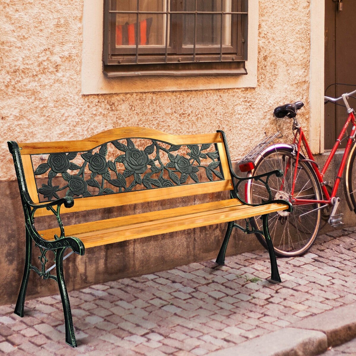 Outdoor Cast Iron Patio Bench Rose view 7