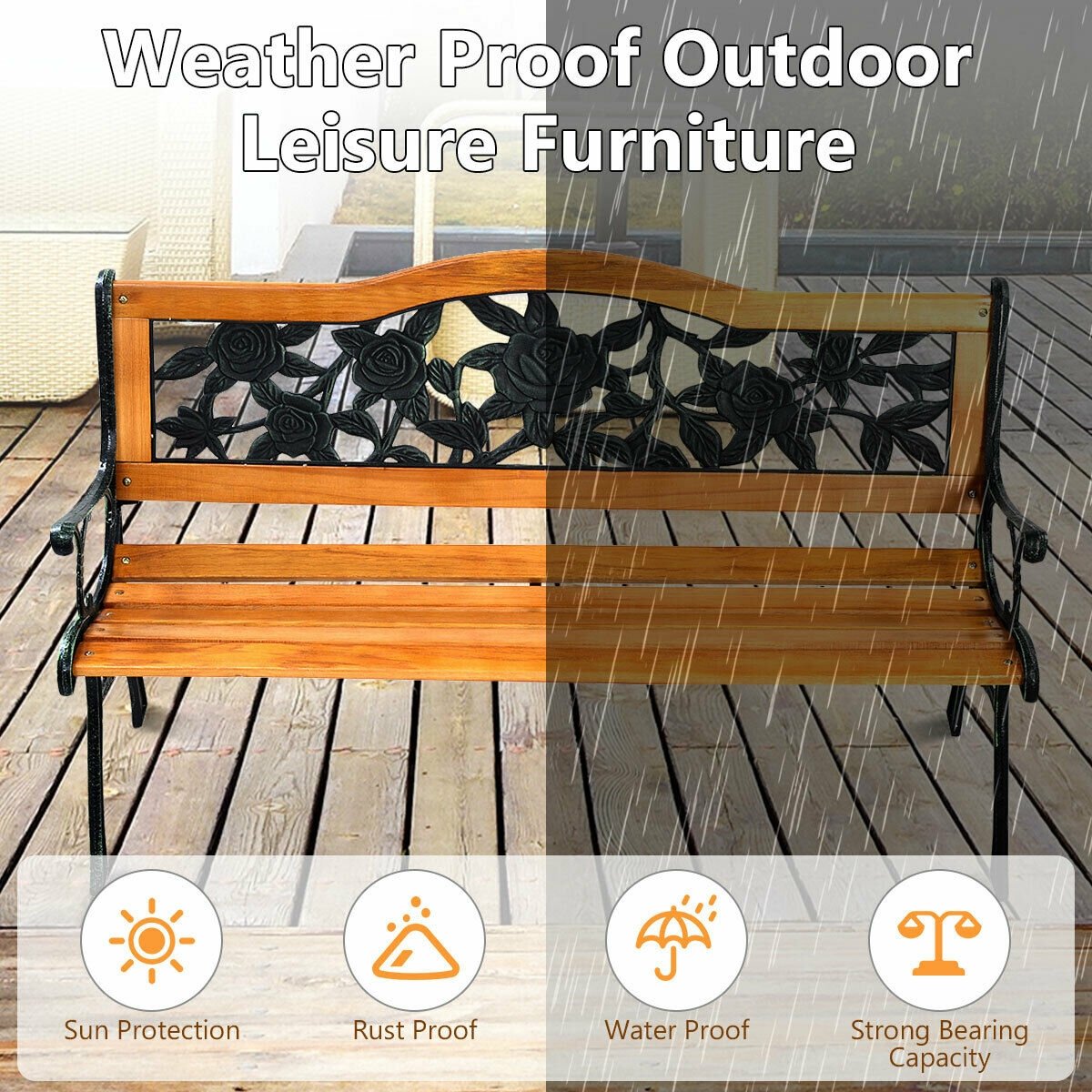 Outdoor Cast Iron Patio Bench Rose view 9