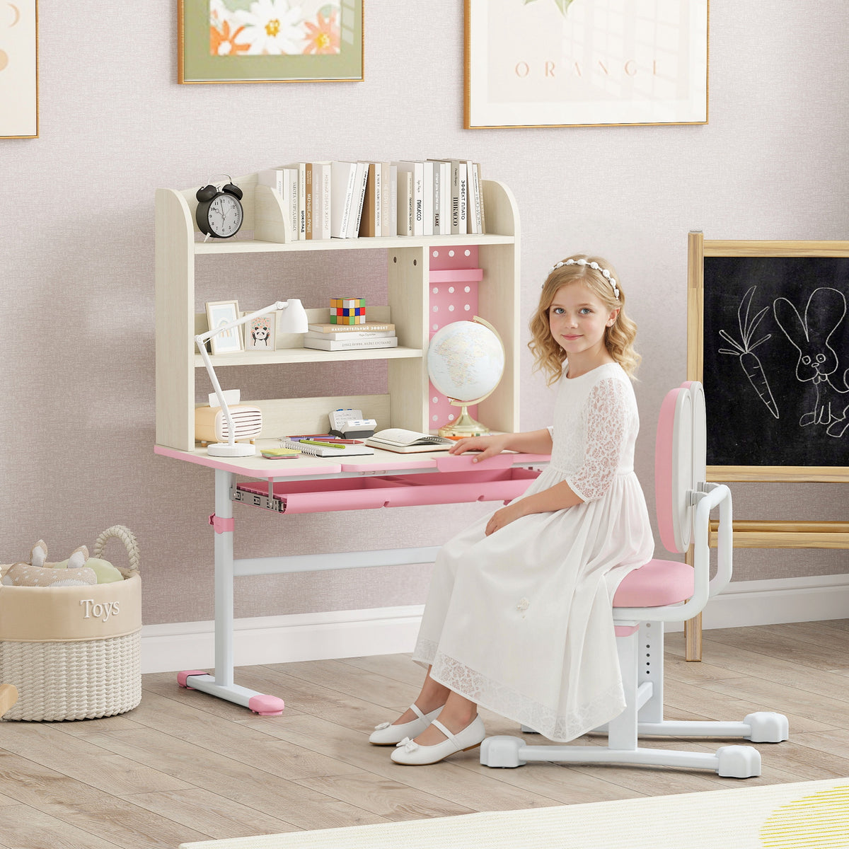 Qaba Kids Desk and Chair Set with Tilting Desktop, Adjustable Height, Drawer and Shelves for Boys Girls Ages 3-12