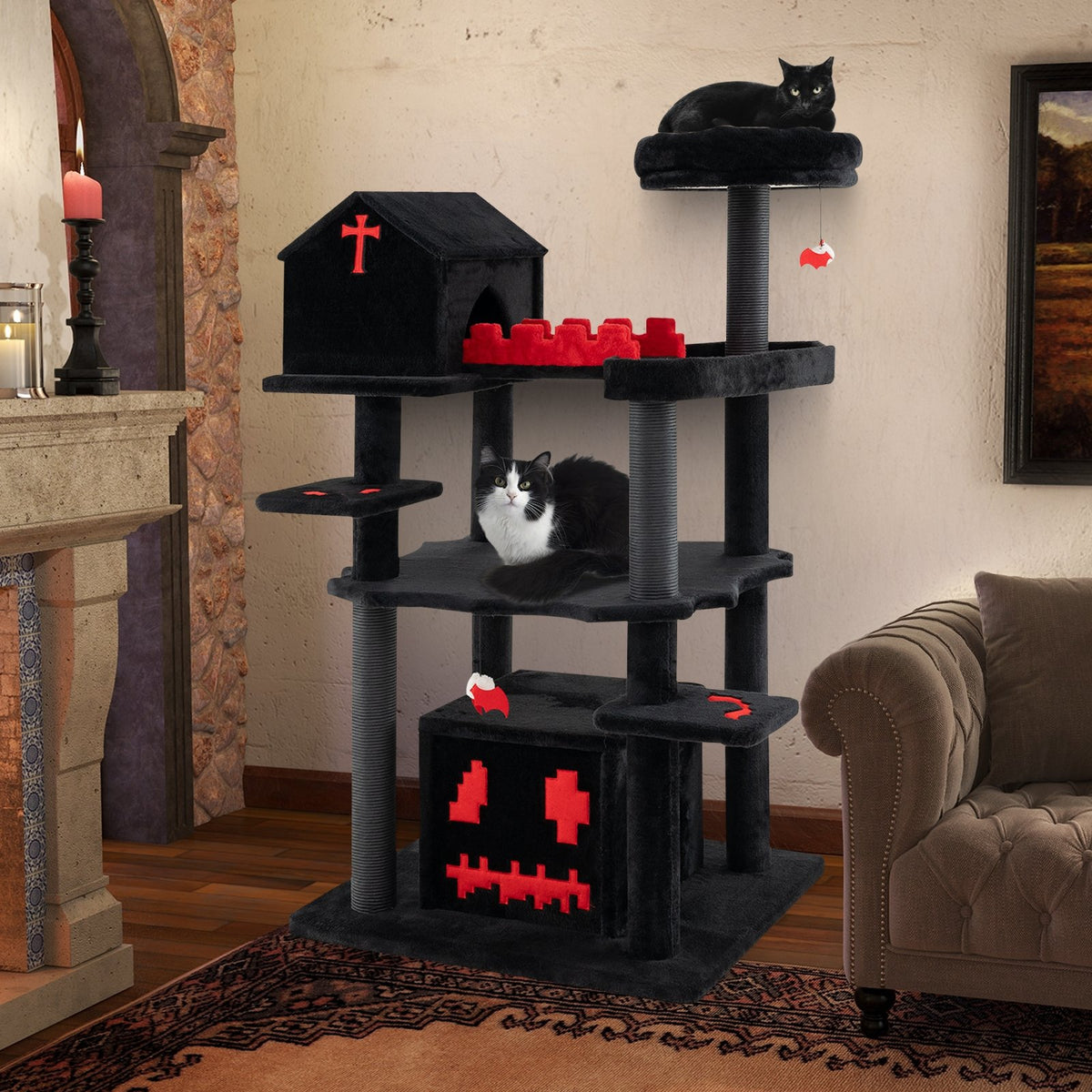 Gothic Cat Tree 49 Inch Tall Cat Tower 6-Tier Cat Activity Center with Coffin Bed-Black view 2