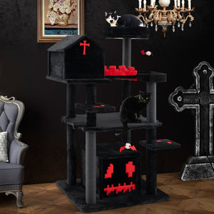 Gothic Cat Tree 49 Inch Tall Cat Tower 6-Tier Cat Activity Center with Coffin Bed-Black view 3