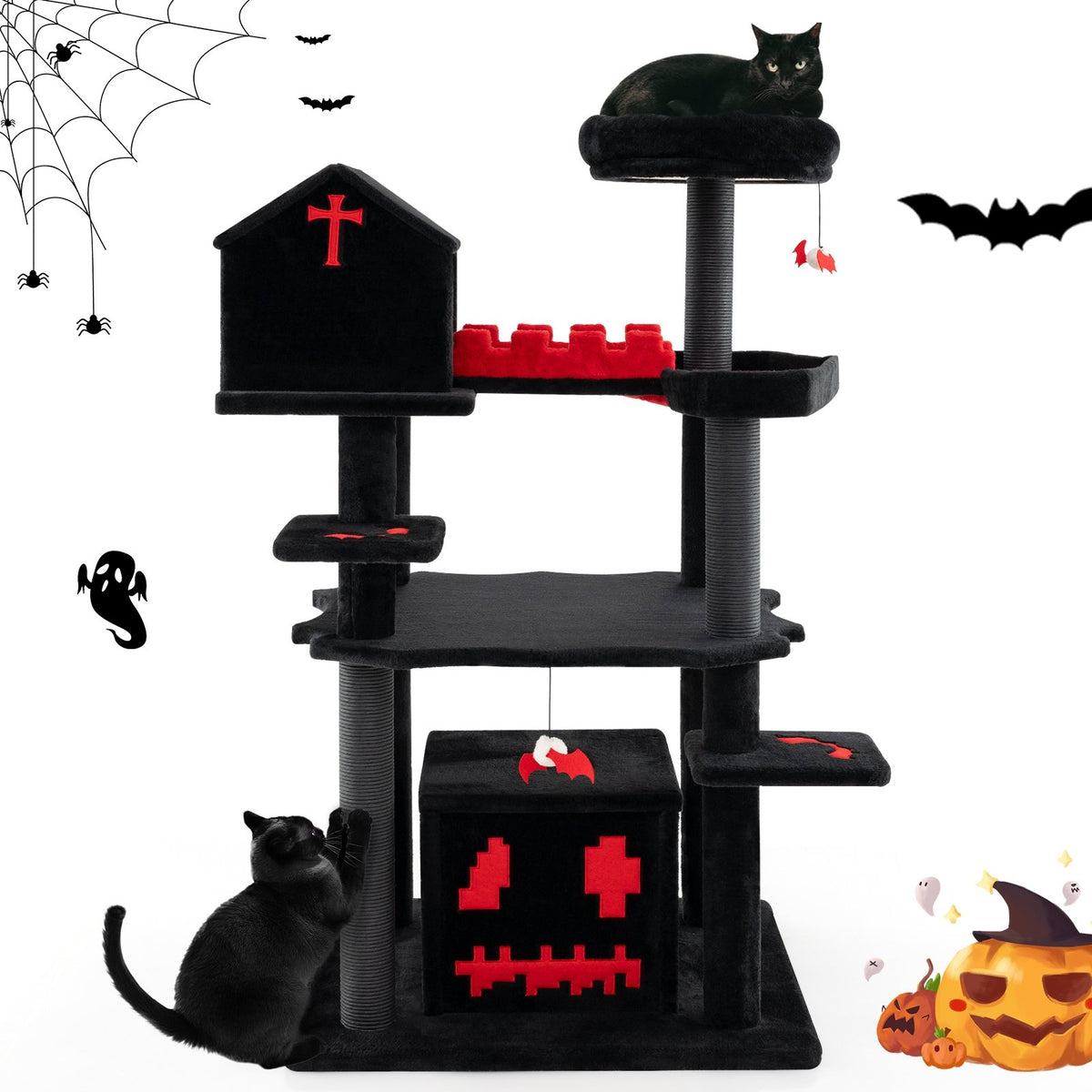 Gothic Cat Tree 49 Inch Tall Cat Tower 6-Tier Cat Activity Center with Coffin Bed-Black view 4
