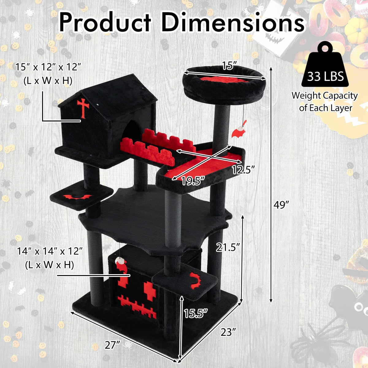 Gothic Cat Tree 49 Inch Tall Cat Tower 6-Tier Cat Activity Center with Coffin Bed-Black view 5