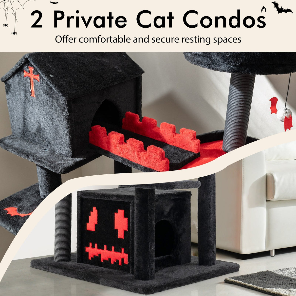 Gothic Cat Tree 49 Inch Tall Cat Tower 6-Tier Cat Activity Center with Coffin Bed-Black view 6