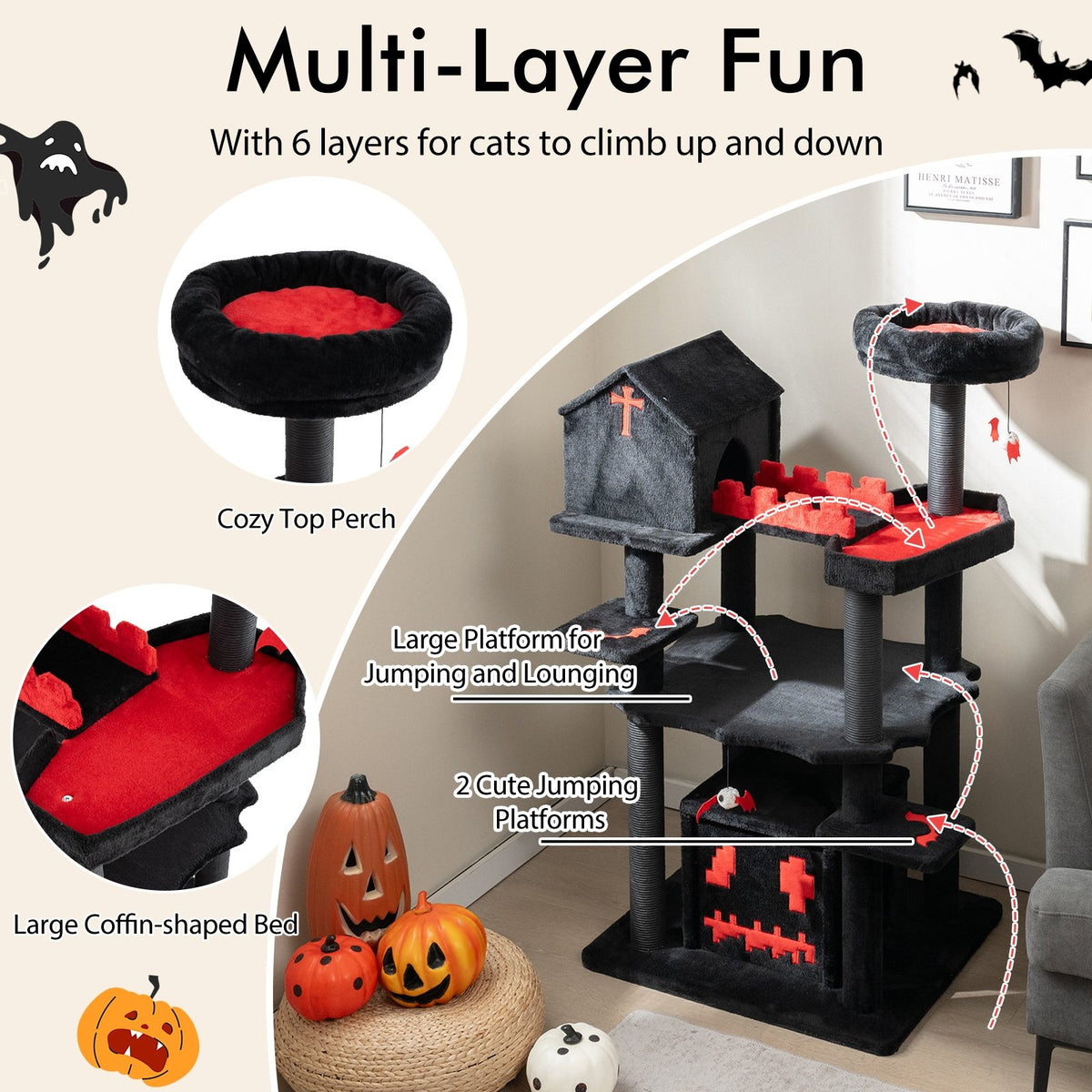 Gothic Cat Tree 49 Inch Tall Cat Tower 6-Tier Cat Activity Center with Coffin Bed-Black view 7
