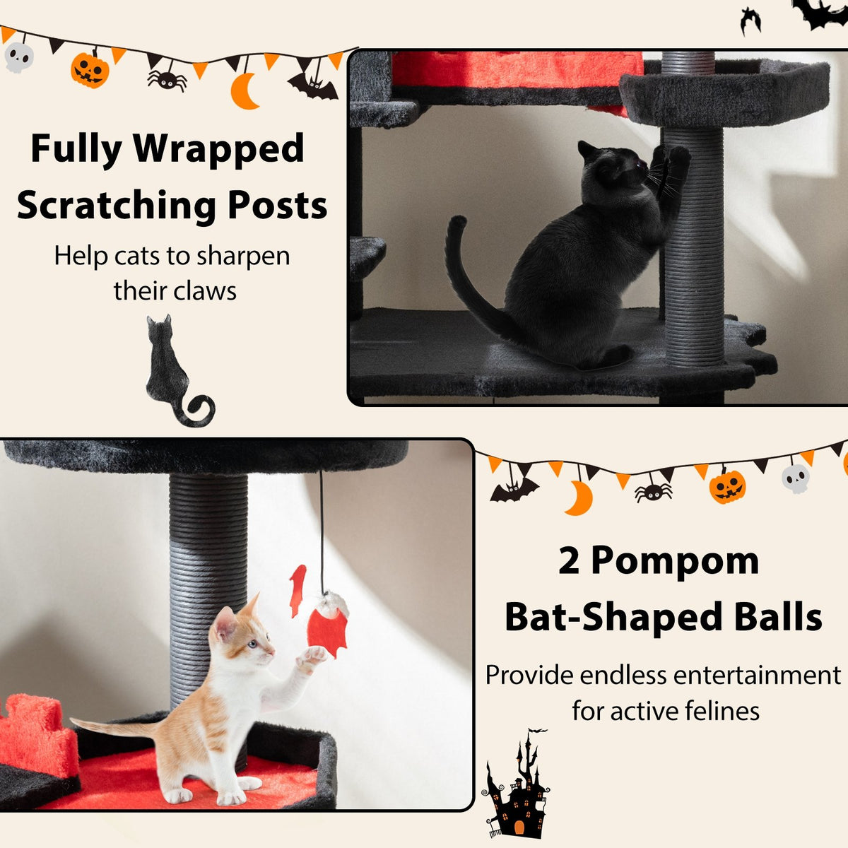 Gothic Cat Tree 49 Inch Tall Cat Tower 6-Tier Cat Activity Center with Coffin Bed-Black view 8