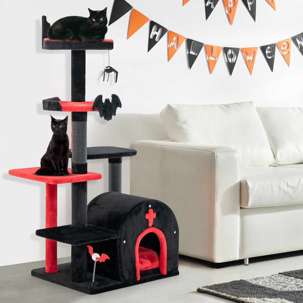Gothic Cat Tree 53 Inch Tall Cat Tower with Cat Bed and Arch-Shaped Condo-Black view 2
