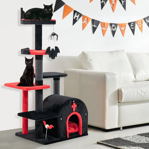 Gothic Cat Tree 53 Inch Tall Cat Tower with Cat Bed and Arch-Shaped Condo-Black view 2