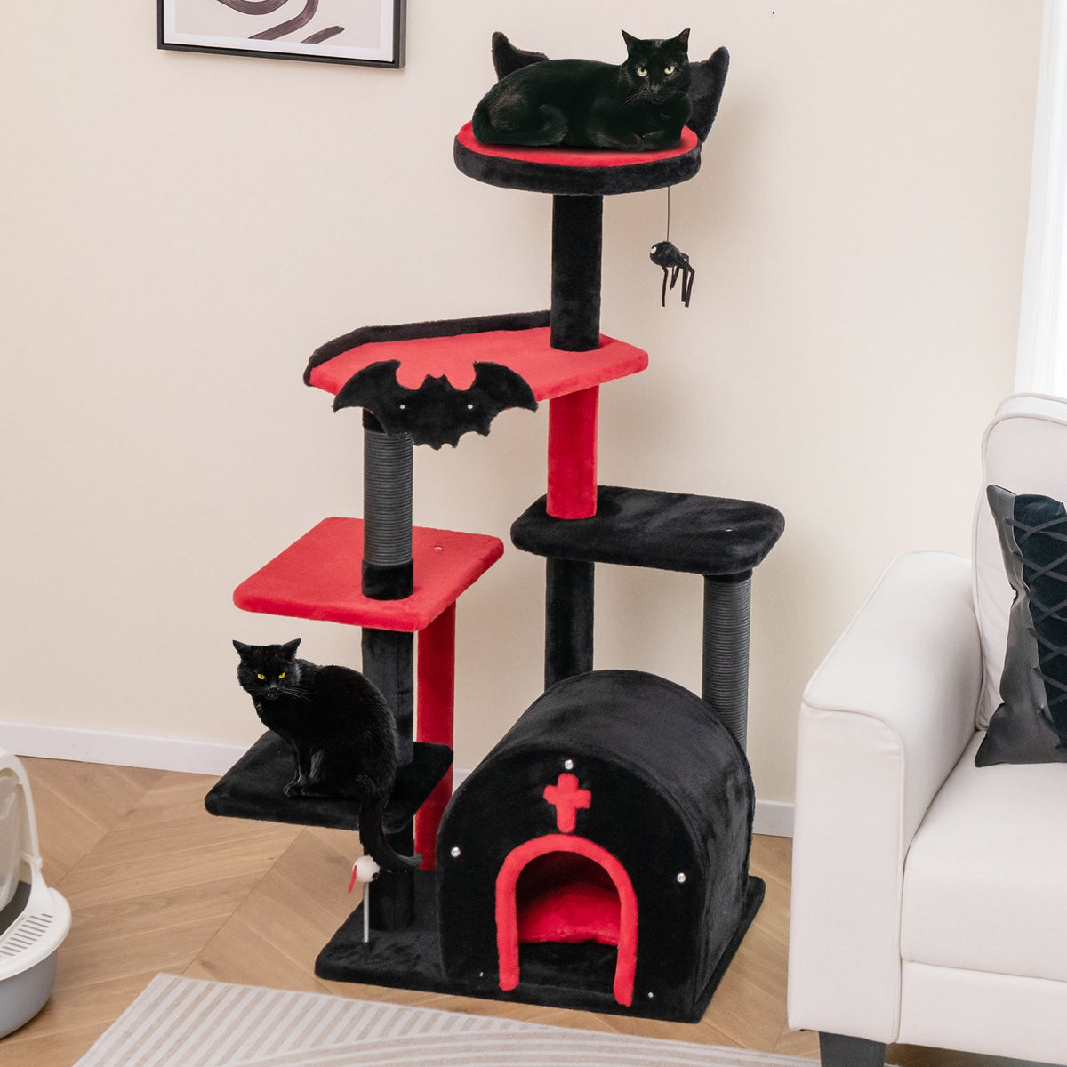 Gothic Cat Tree 53 Inch Tall Cat Tower with Cat Bed and Arch-Shaped Condo-Black view 3