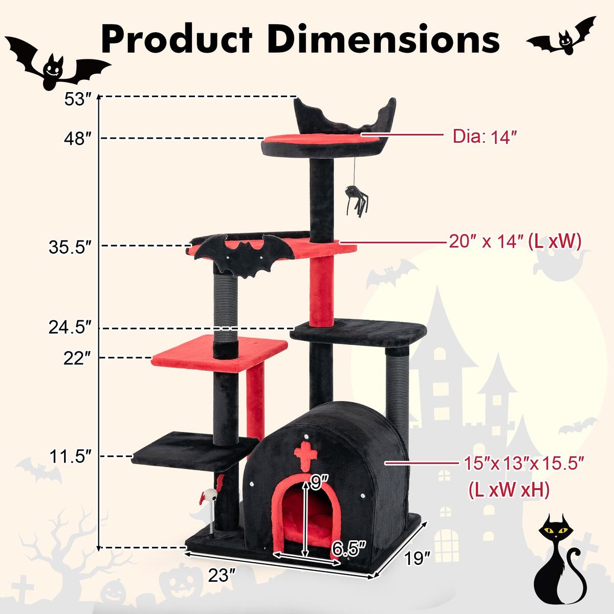 Gothic Cat Tree 53 Inch Tall Cat Tower with Cat Bed and Arch-Shaped Condo-Black view 5