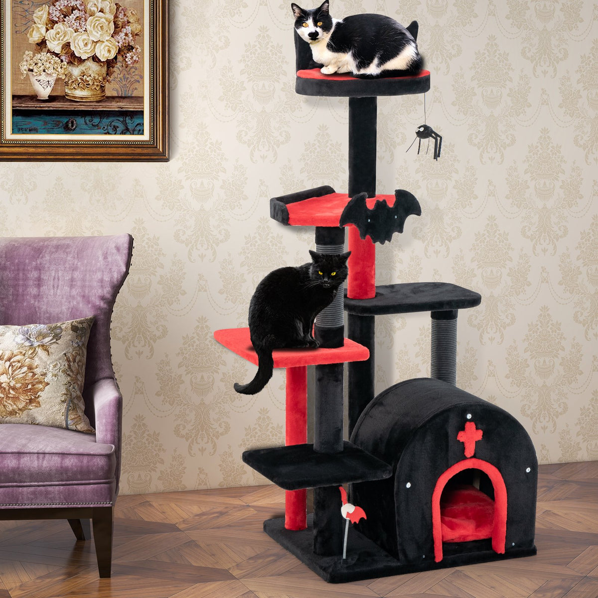 Gothic Cat Tree 53 Inch Tall Cat Tower with Cat Bed and Arch-Shaped Condo-Black view 6