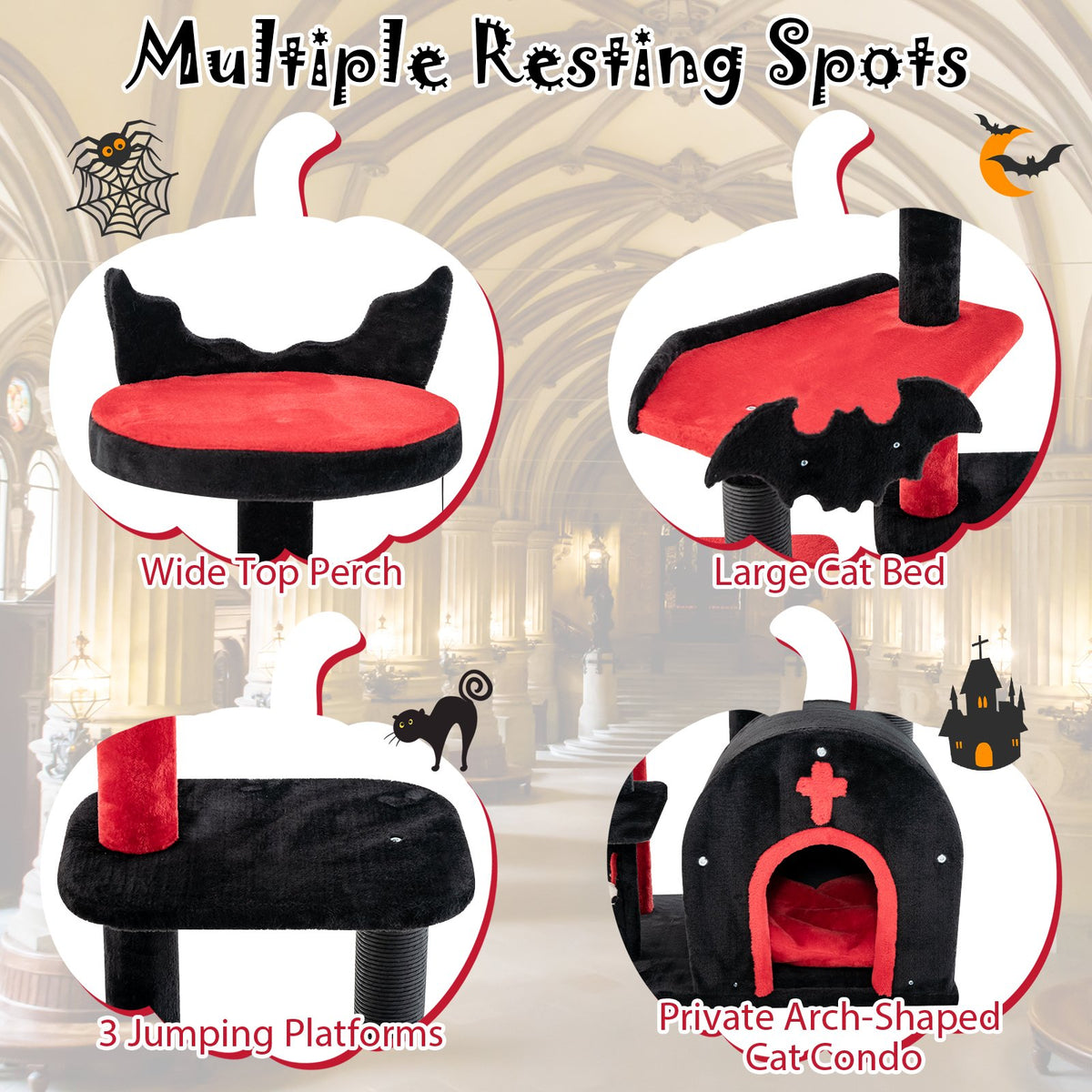 Gothic Cat Tree 53 Inch Tall Cat Tower with Cat Bed and Arch-Shaped Condo-Black view 7