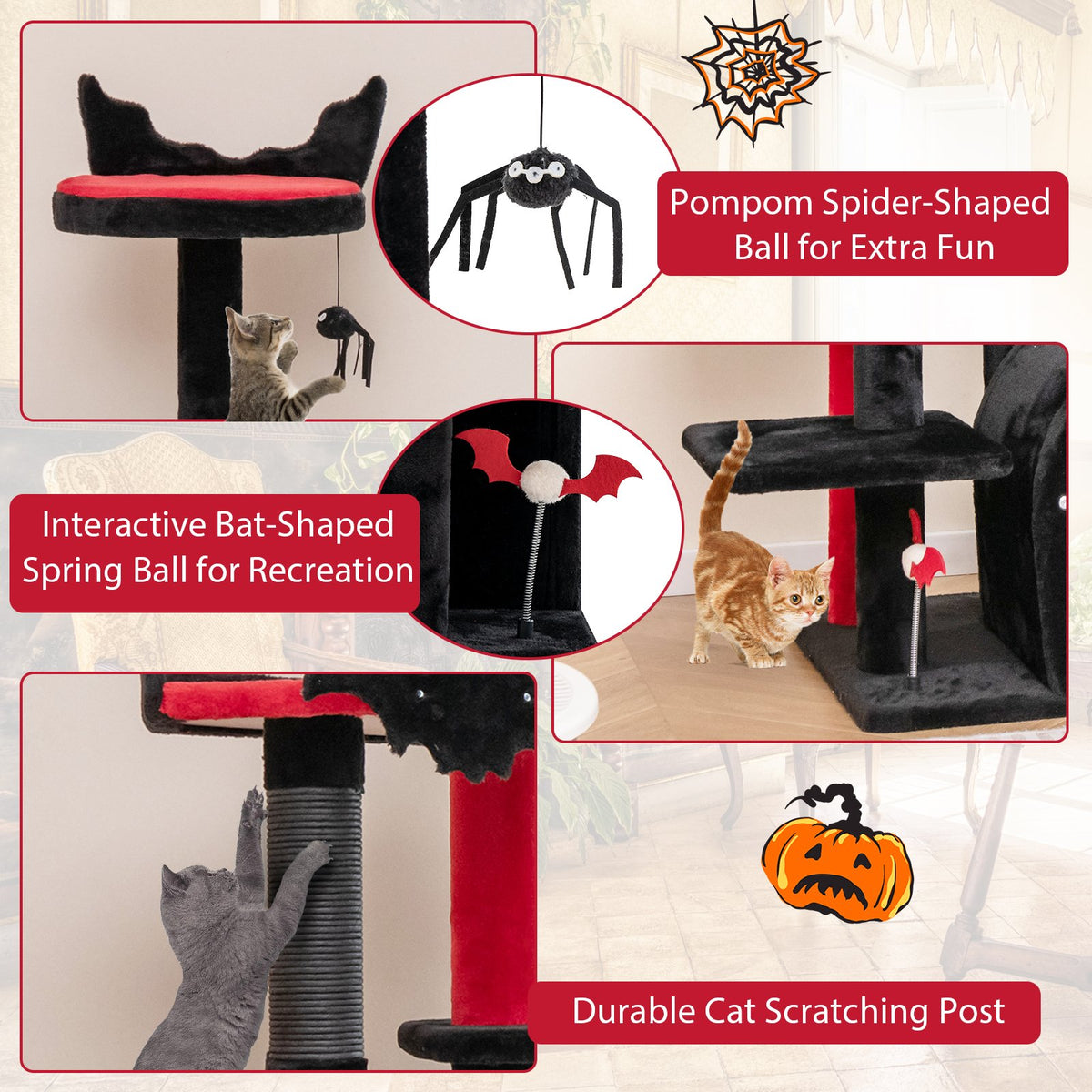 Gothic Cat Tree 53 Inch Tall Cat Tower with Cat Bed and Arch-Shaped Condo-Black view 8