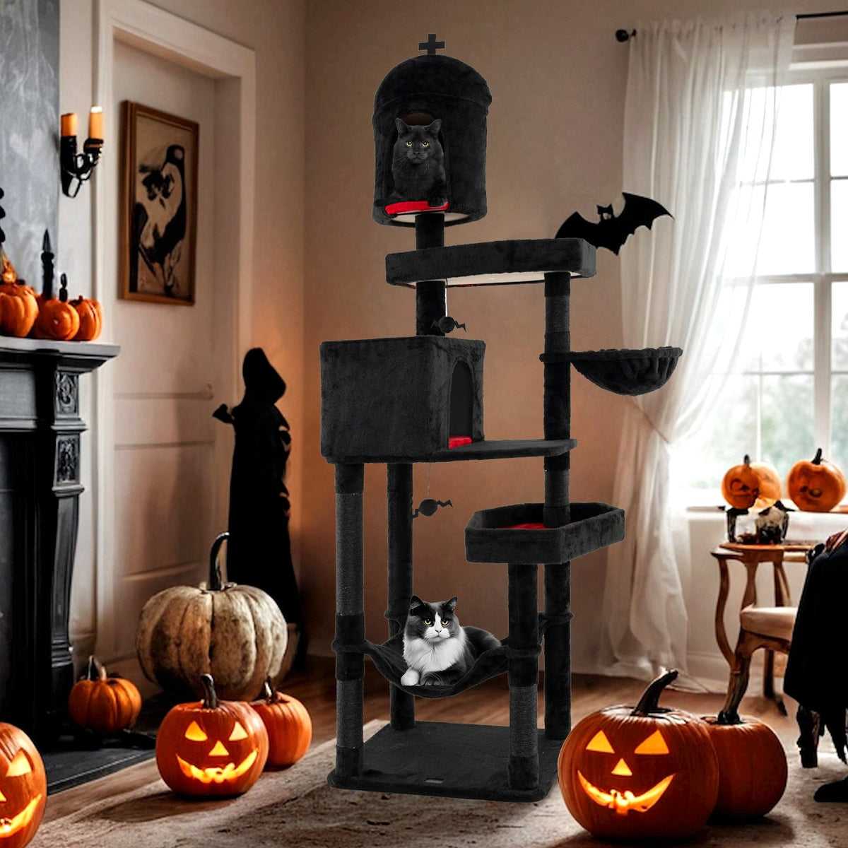 Gothic Cat Tree with 2 Cat Condos and Coffin Bed for Indoor Cats-Black view 2