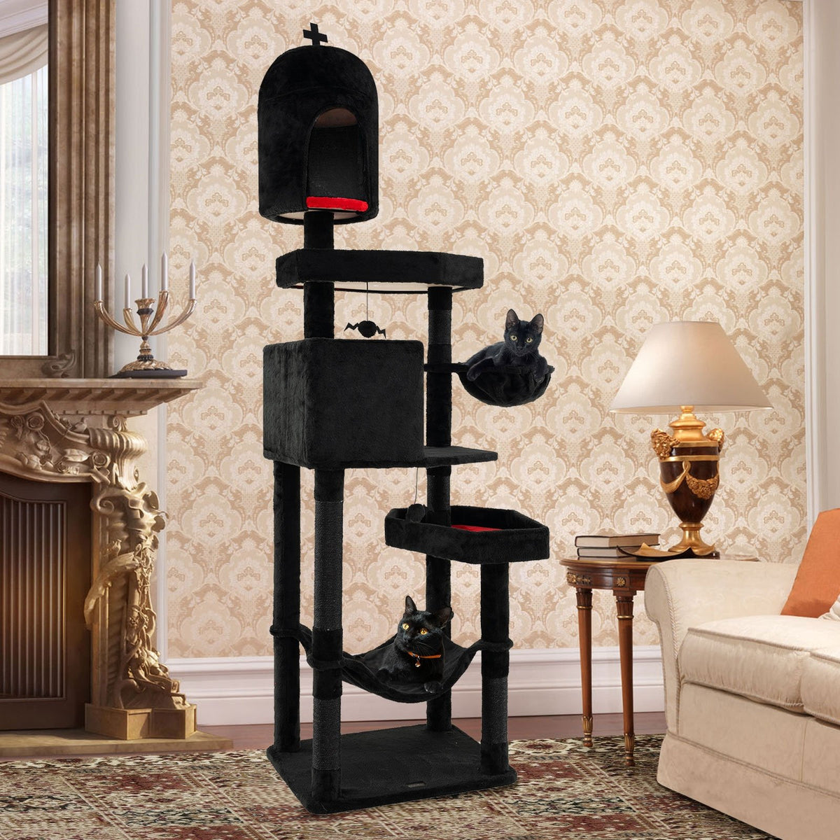 Gothic Cat Tree with 2 Cat Condos and Coffin Bed for Indoor Cats-Black view 3