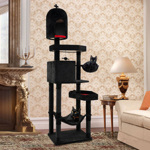 Gothic Cat Tree with 2 Cat Condos and Coffin Bed for Indoor Cats-Black view 3