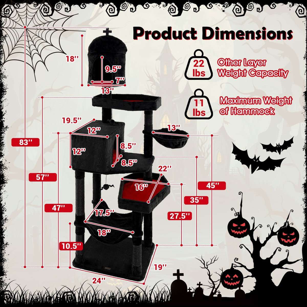 Gothic Cat Tree with 2 Cat Condos and Coffin Bed for Indoor Cats-Black view 5