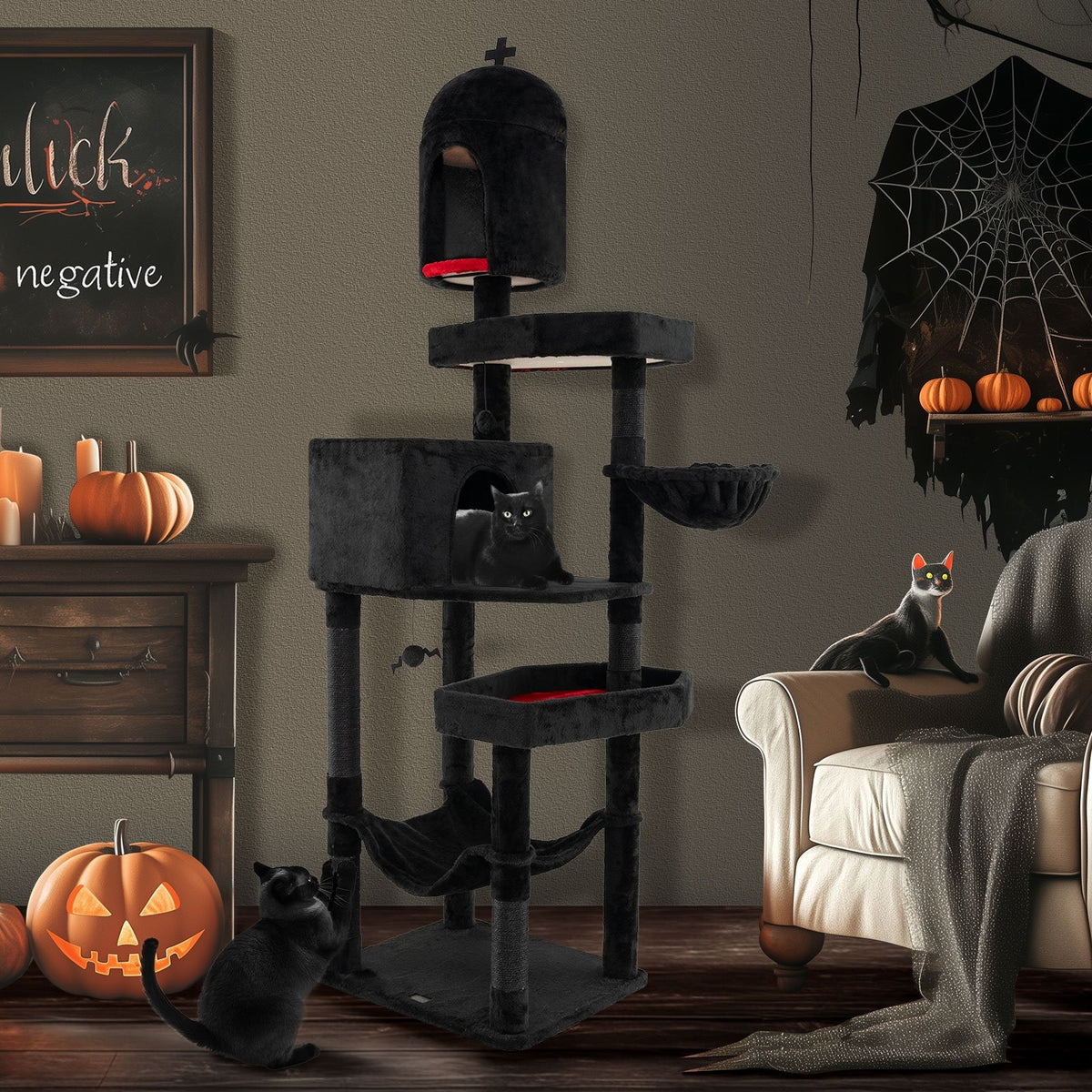 Gothic Cat Tree with 2 Cat Condos and Coffin Bed for Indoor Cats-Black view 6