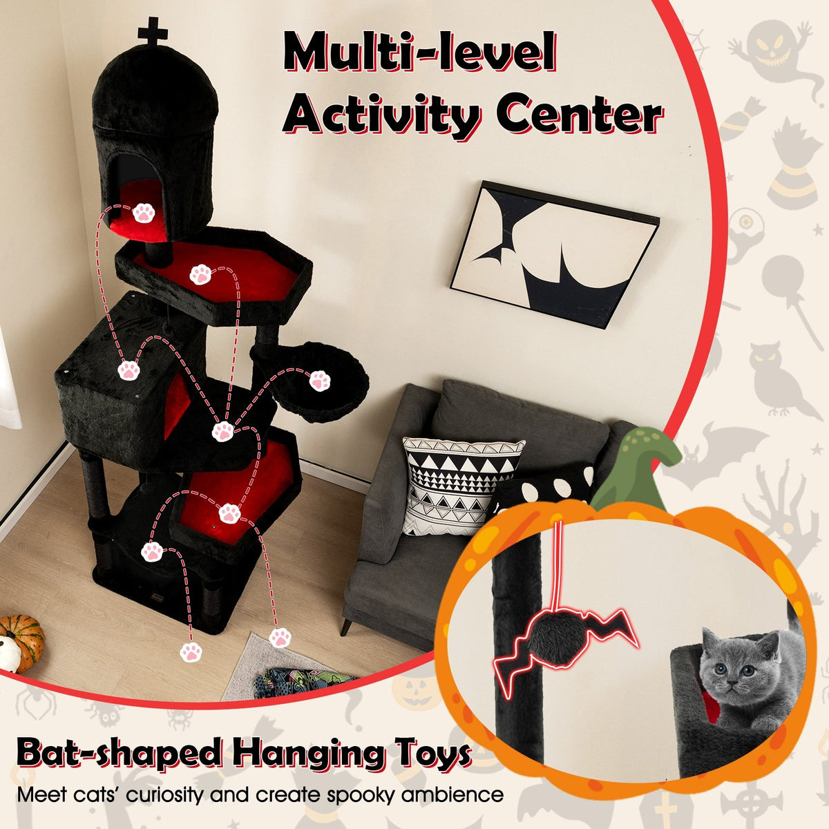 Gothic Cat Tree with 2 Cat Condos and Coffin Bed for Indoor Cats-Black view 7
