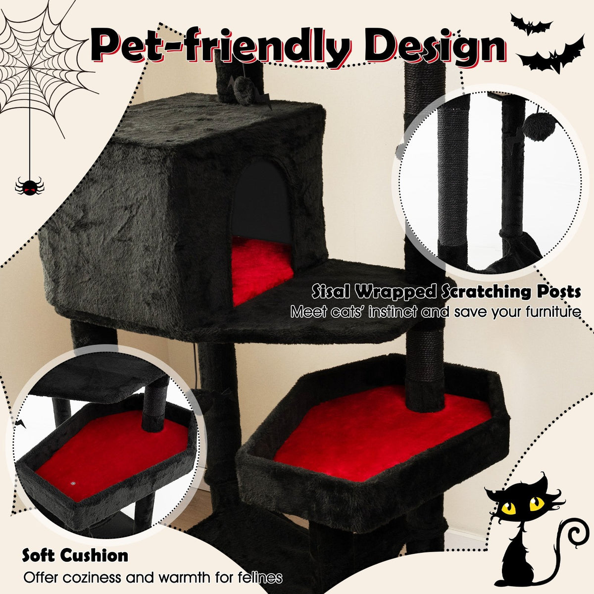 Gothic Cat Tree with 2 Cat Condos and Coffin Bed for Indoor Cats-Black view 9