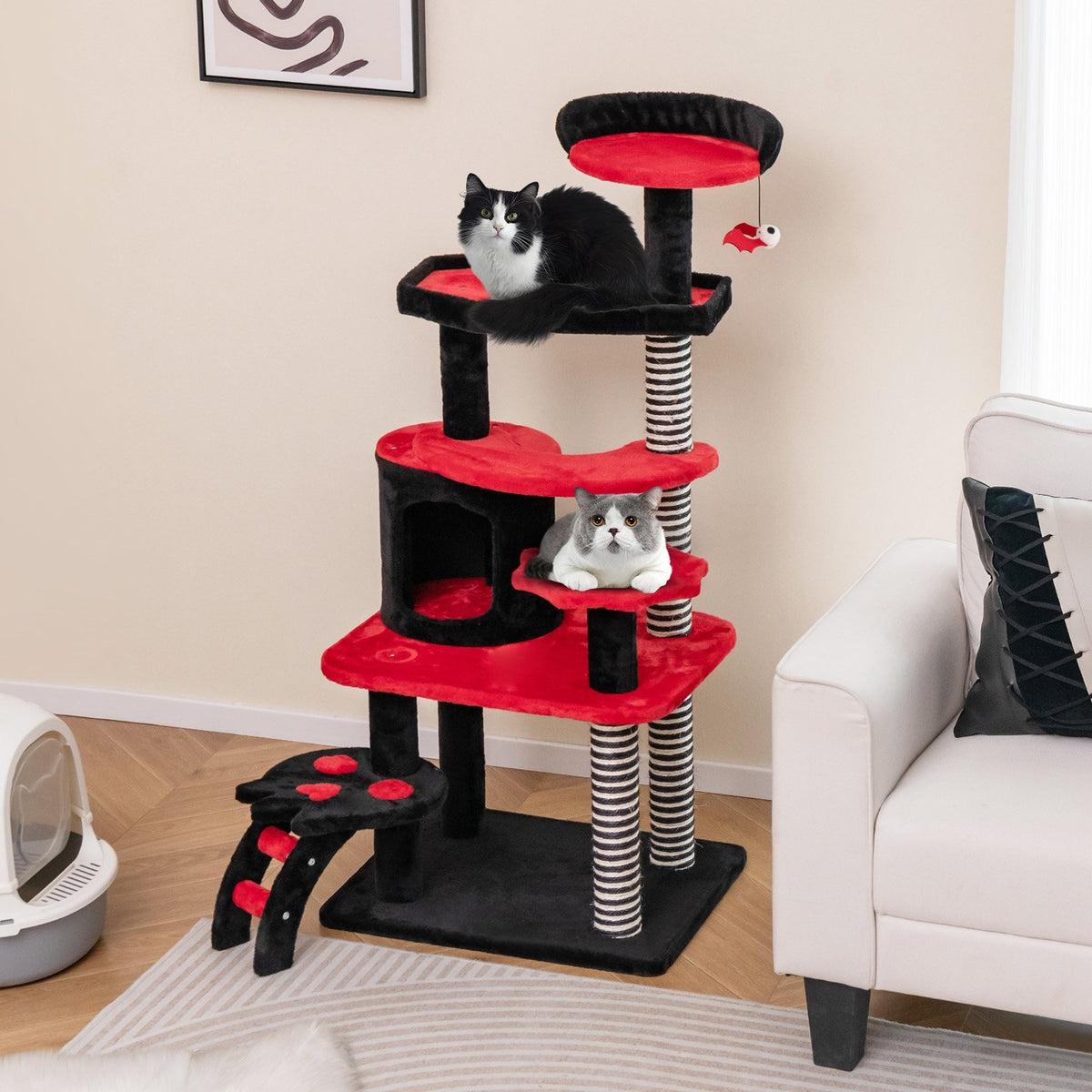 Gothic Cat Tree with Cat Bed Cat Condo and Sisal Scratching Post-Black & Red view 2