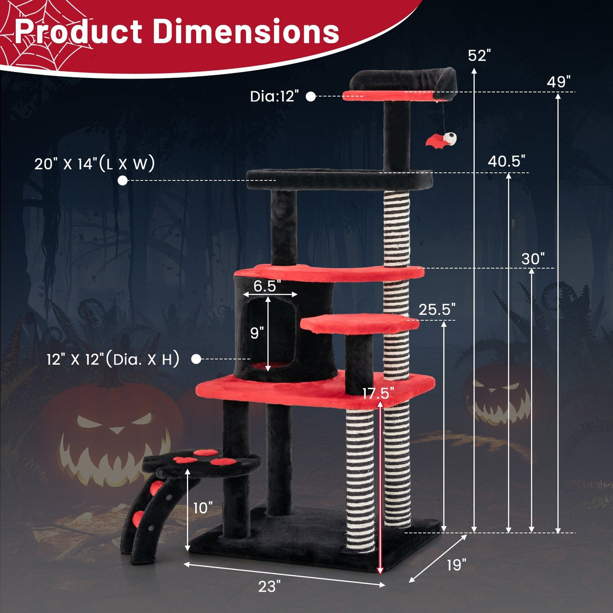 Gothic Cat Tree with Cat Bed Cat Condo and Sisal Scratching Post-Black & Red view 5