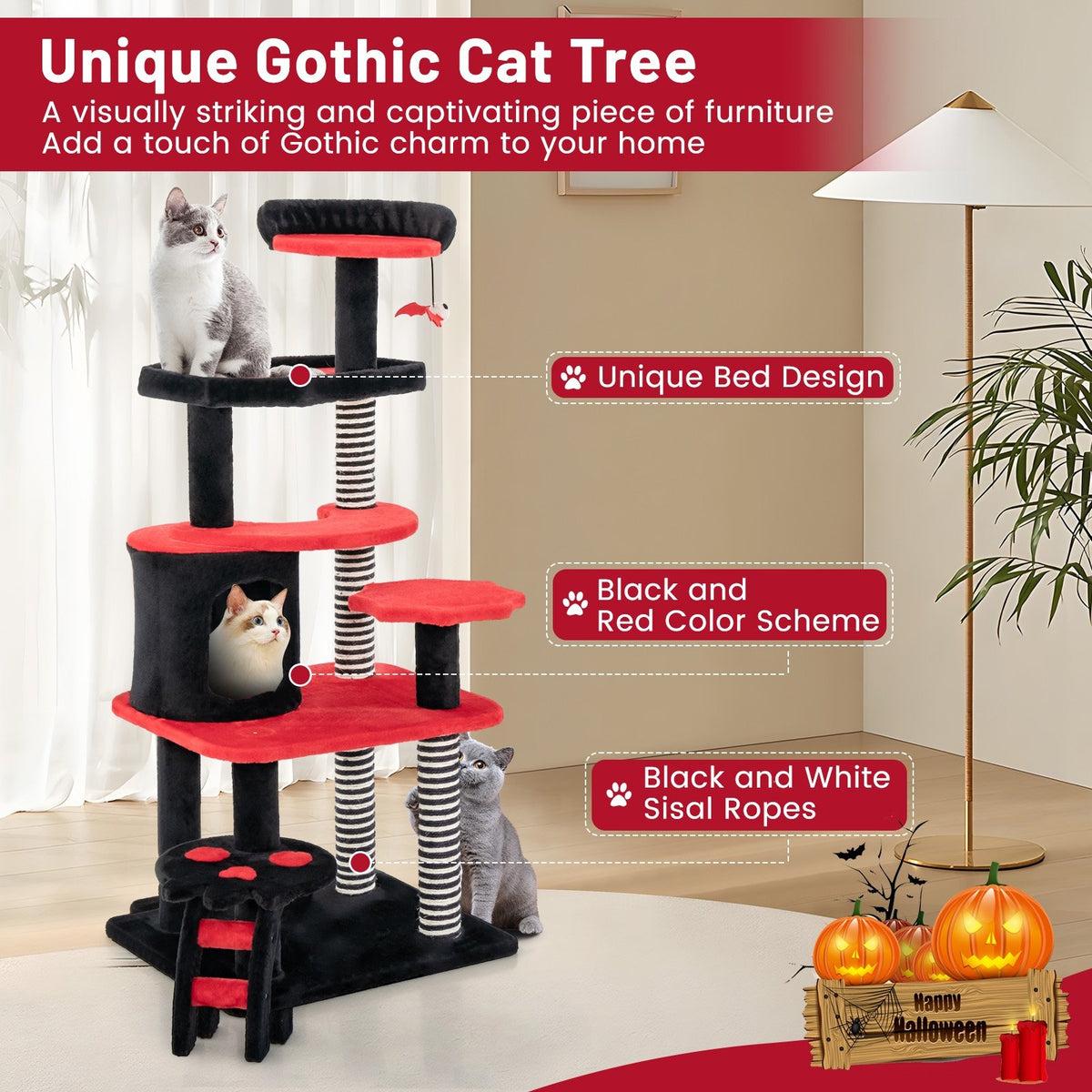 Gothic Cat Tree with Cat Bed Cat Condo and Sisal Scratching Post-Black & Red view 7