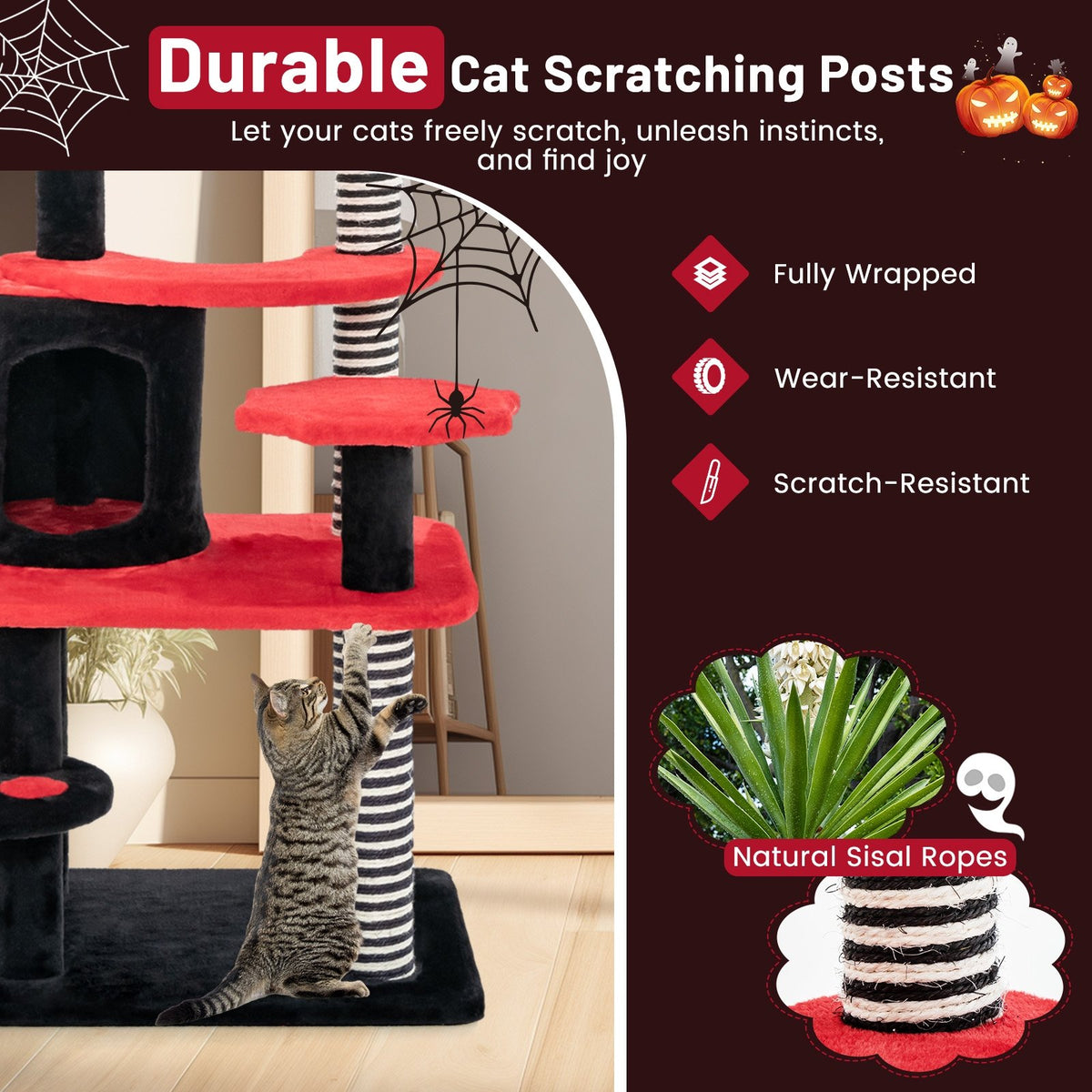 Gothic Cat Tree with Cat Bed Cat Condo and Sisal Scratching Post-Black & Red view 8