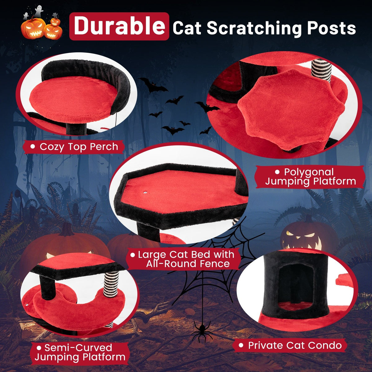 Gothic Cat Tree with Cat Bed Cat Condo and Sisal Scratching Post-Black & Red view 9