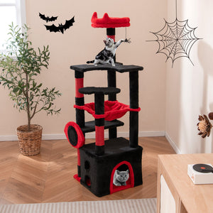Gothic Cat Tree with Plush Perch and Spider Dangling Toy-Black & Red view 2