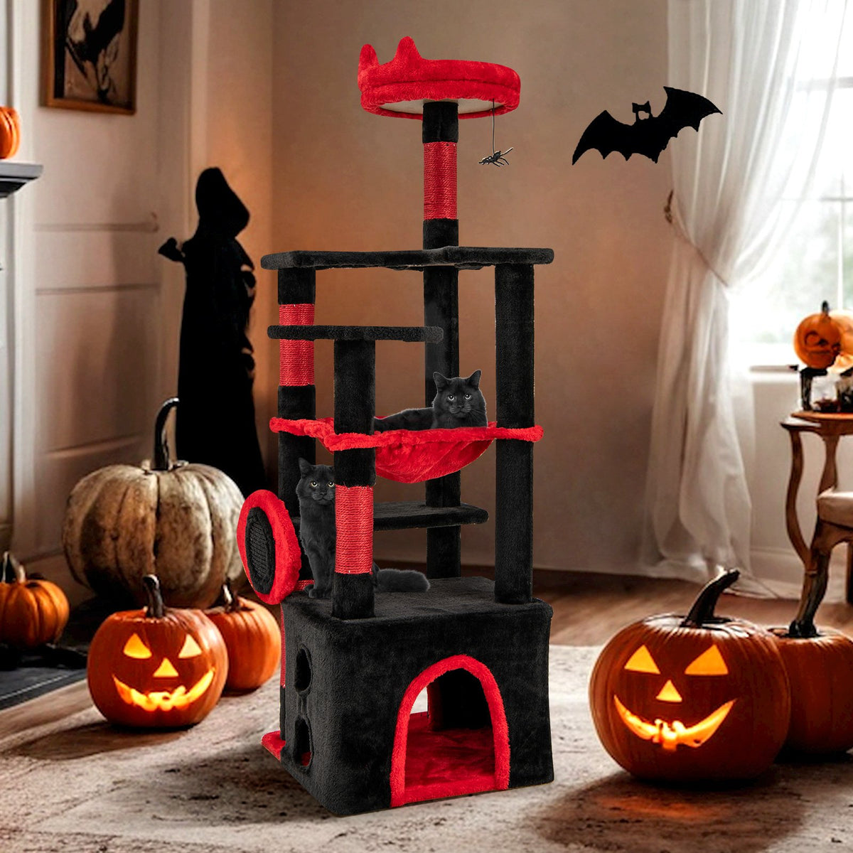 Gothic Cat Tree with Plush Perch and Spider Dangling Toy-Black & Red view 3