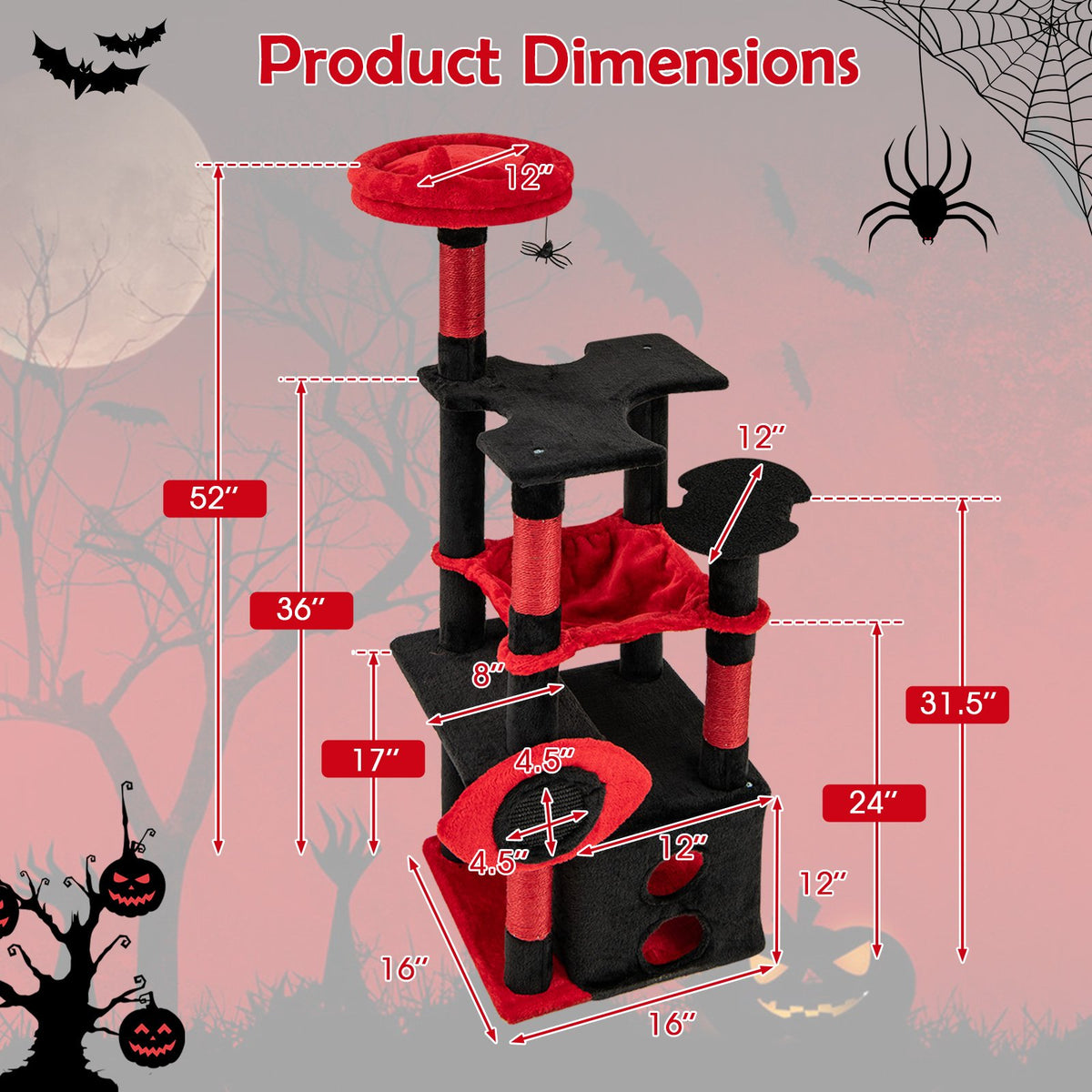 Gothic Cat Tree with Plush Perch and Spider Dangling Toy-Black & Red view 5