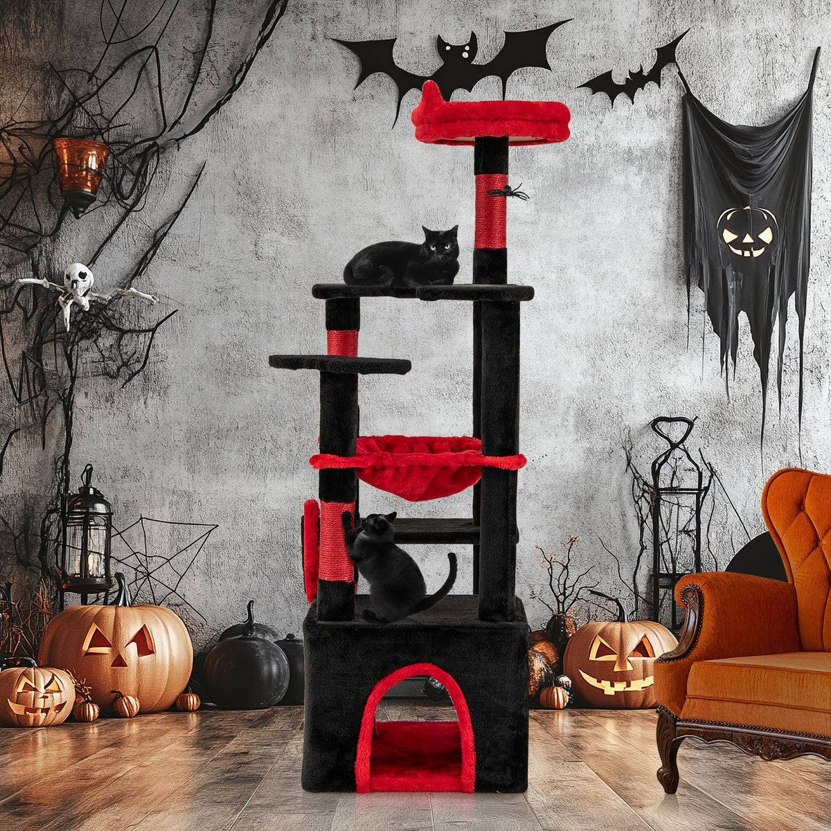Gothic Cat Tree with Plush Perch and Spider Dangling Toy-Black & Red view 6