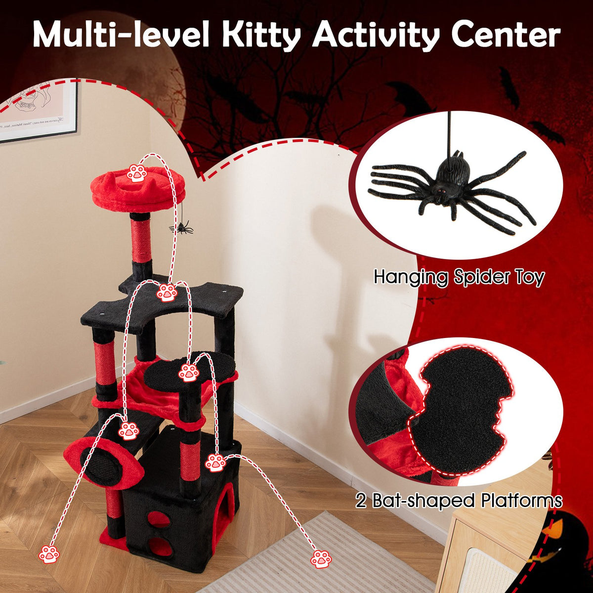 Gothic Cat Tree with Plush Perch and Spider Dangling Toy-Black & Red view 8