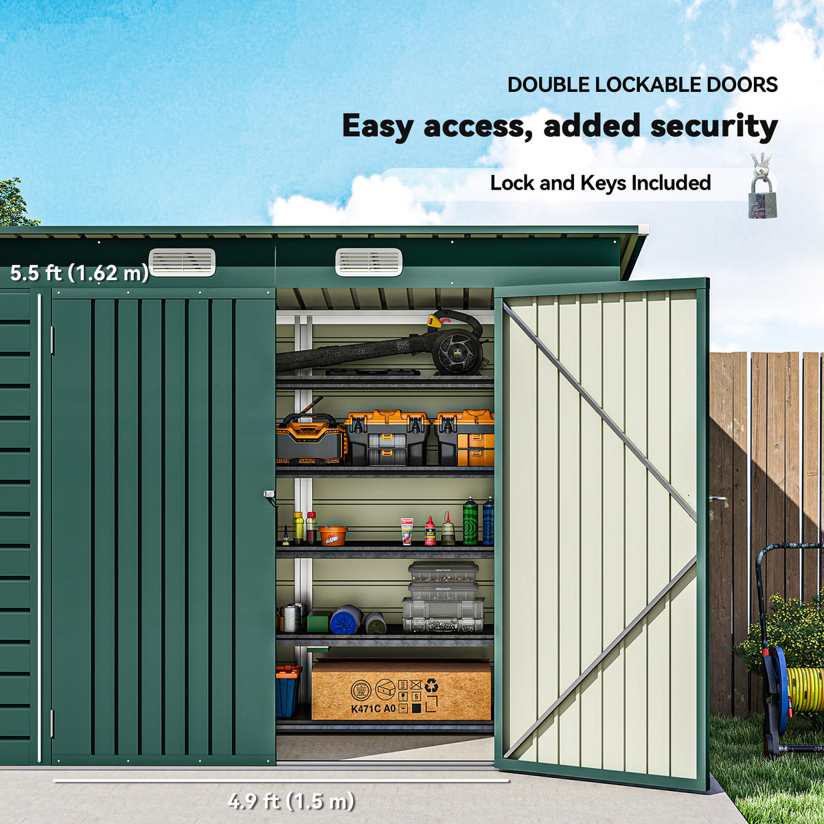 8 x 4FT Galvanized Garden Storage Shed, Metal Outdoor Shed with Double Doors and 2 Vents, Oak – view 12