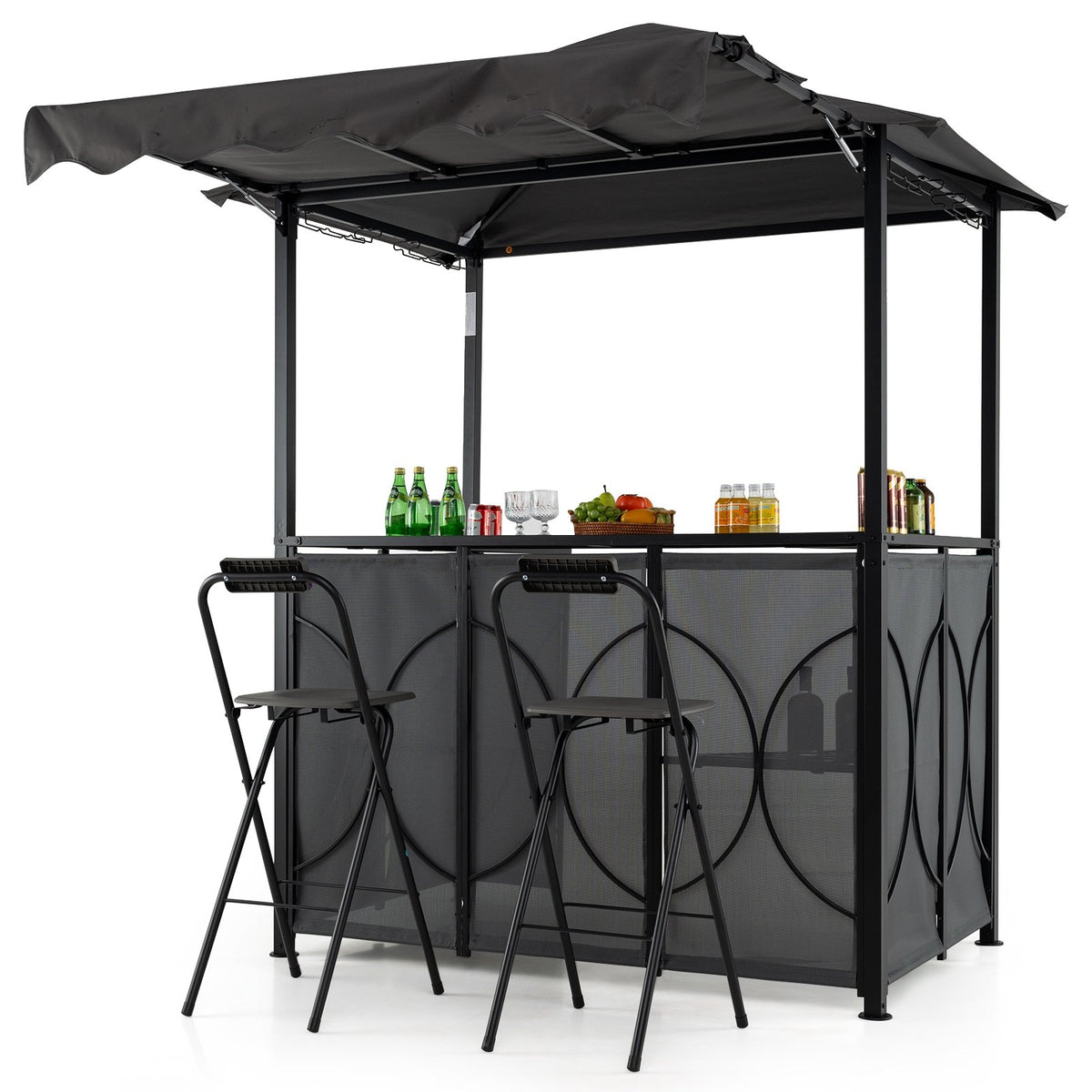 Grill Gazebo with Awning 3-Piece Outdoor BBQ Canopy Double-Tier Soft Top Barbecue Shelter-Gray