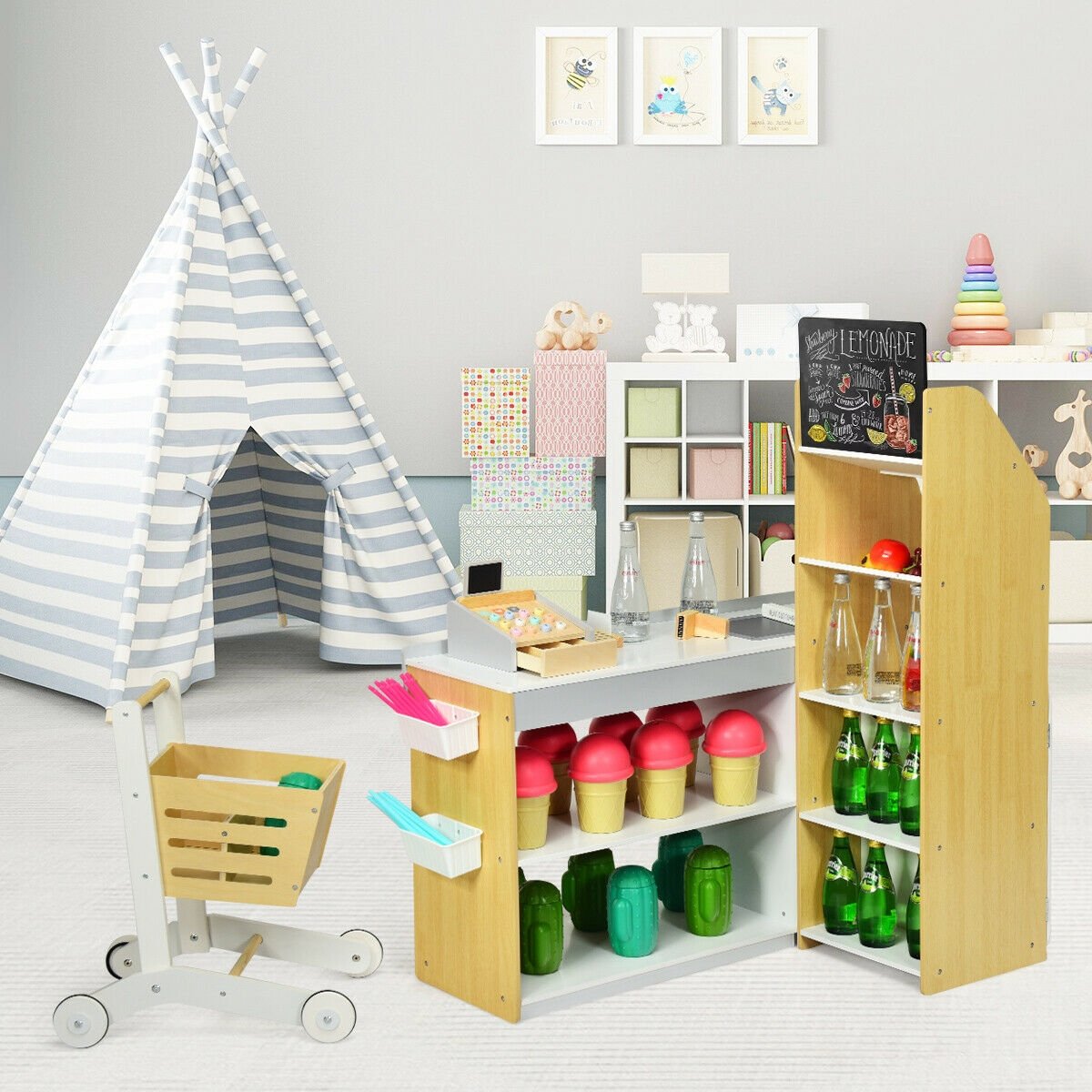 Kids Wooden Grocery Store Playset with Cart for Pretend Supermarket Fun view 2