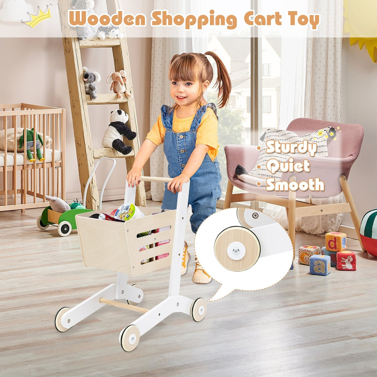 Kids Wooden Grocery Store Playset with Cart for Pretend Supermarket Fun view 3