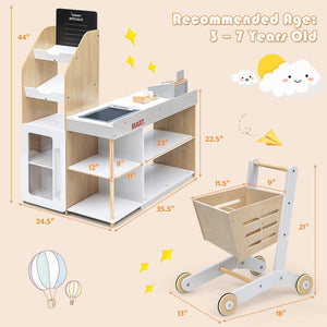 Kids Wooden Grocery Store Playset with Cart for Pretend Supermarket Fun view 4