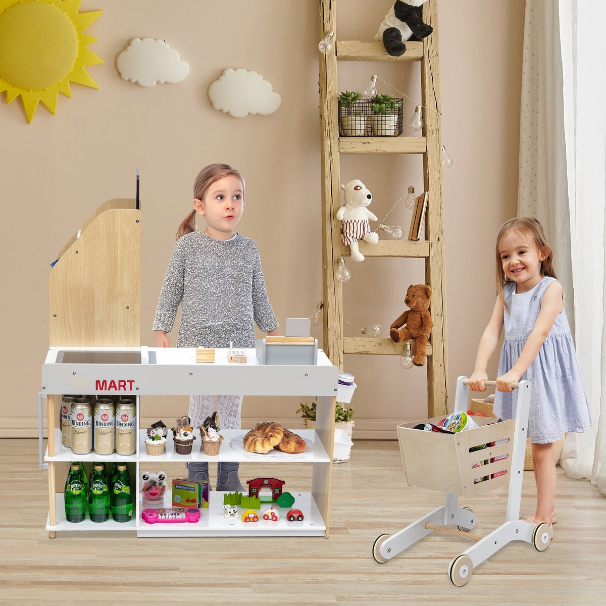 Kids Wooden Grocery Store Playset with Cart for Pretend Supermarket Fun view 5