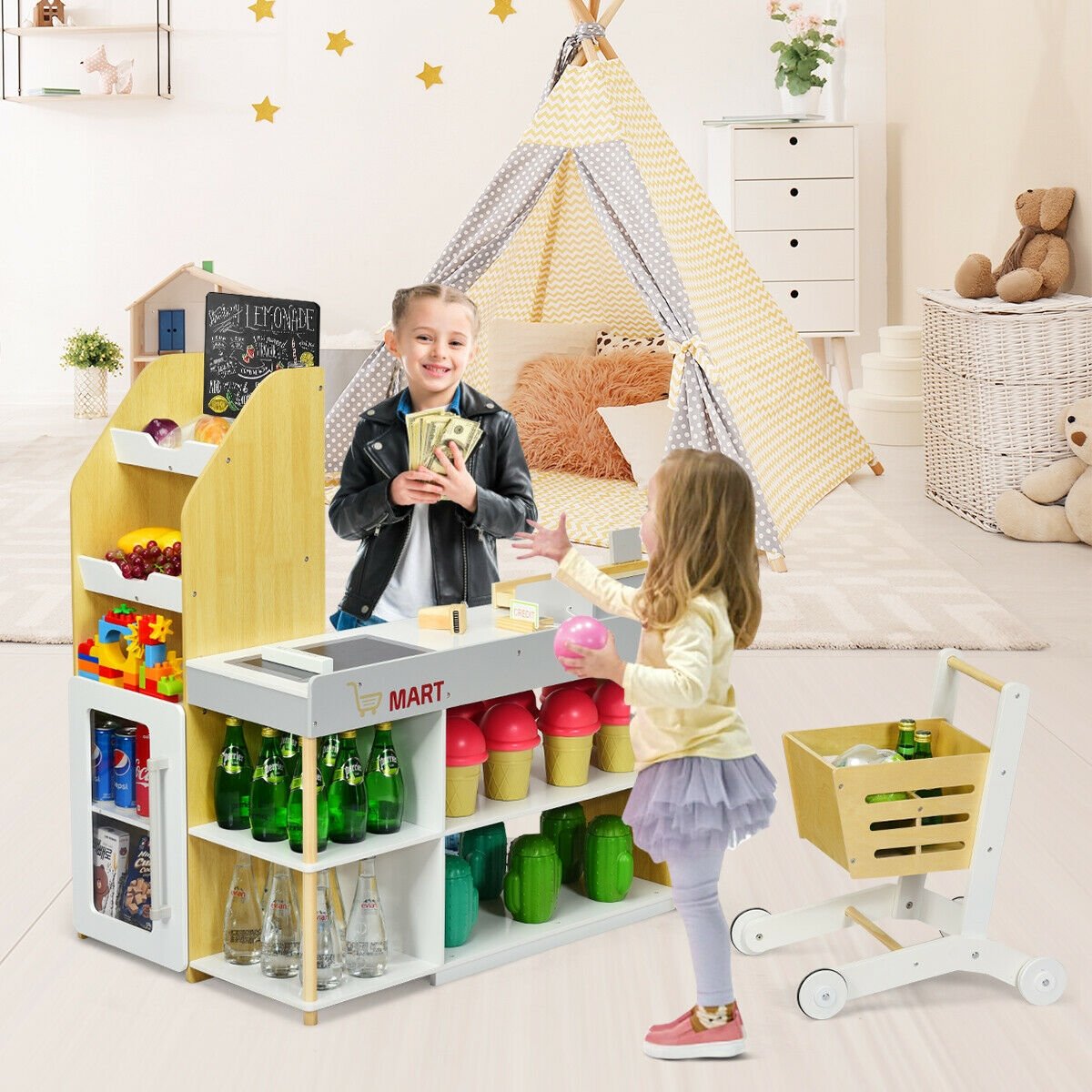 Kids Wooden Grocery Store Playset with Cart for Pretend Supermarket Fun view 7