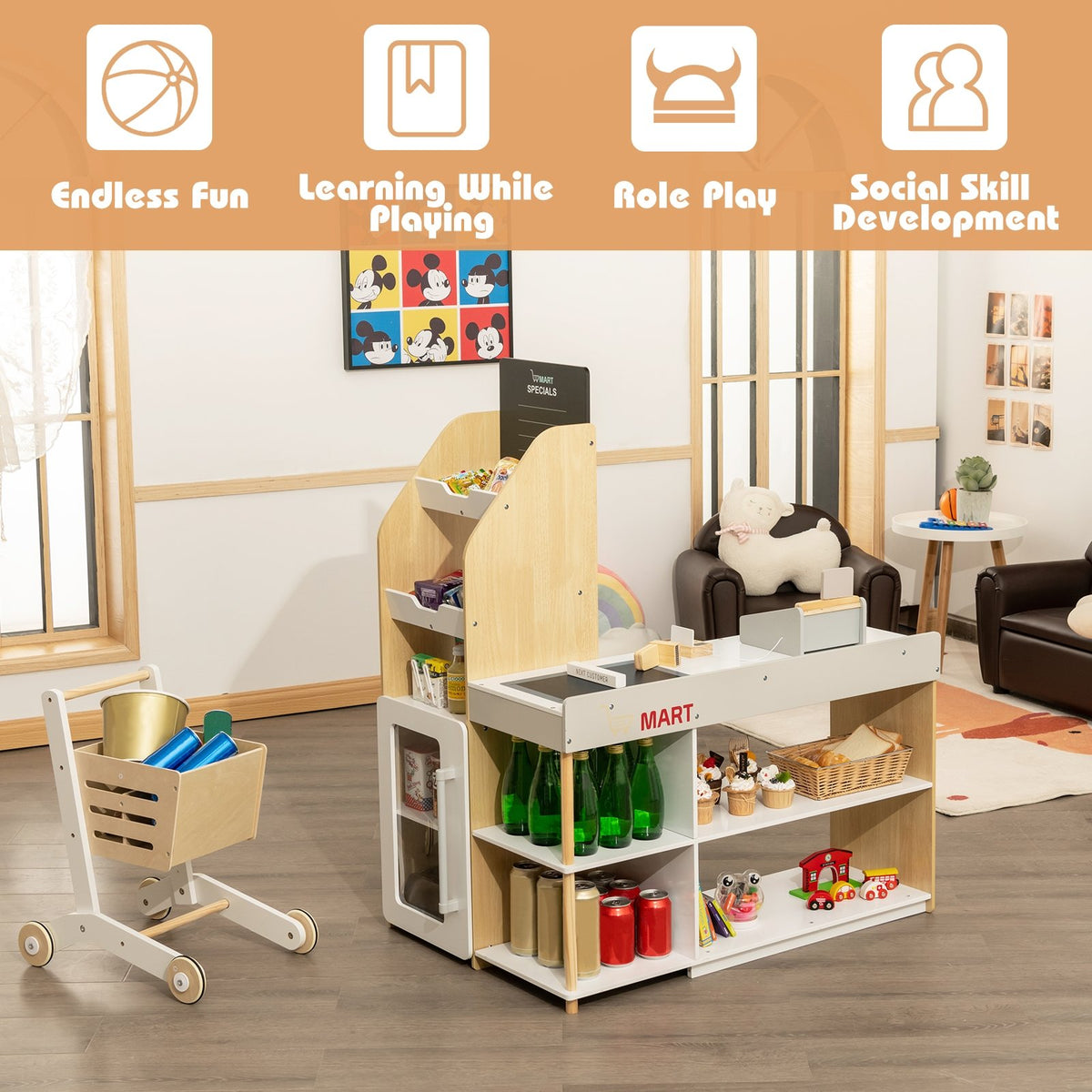 Kids Wooden Grocery Store Playset with Cart for Pretend Supermarket Fun view 8