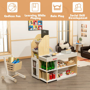 Kids Wooden Grocery Store Playset with Cart for Pretend Supermarket Fun view 8