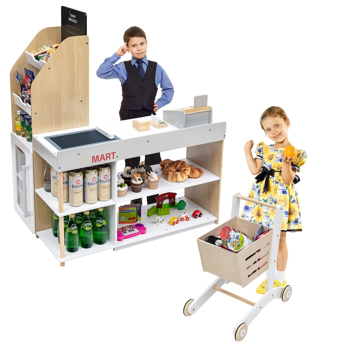 Kids Wooden Grocery Store Playset with Cart for Pretend Supermarket Fun view 9